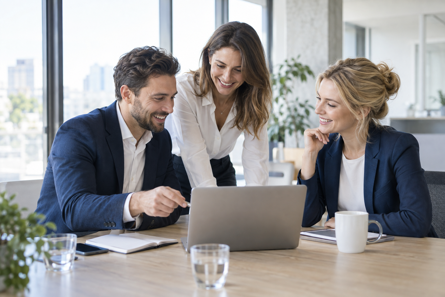 Illustrative scene of smiling business professionals collaborating around a laptop